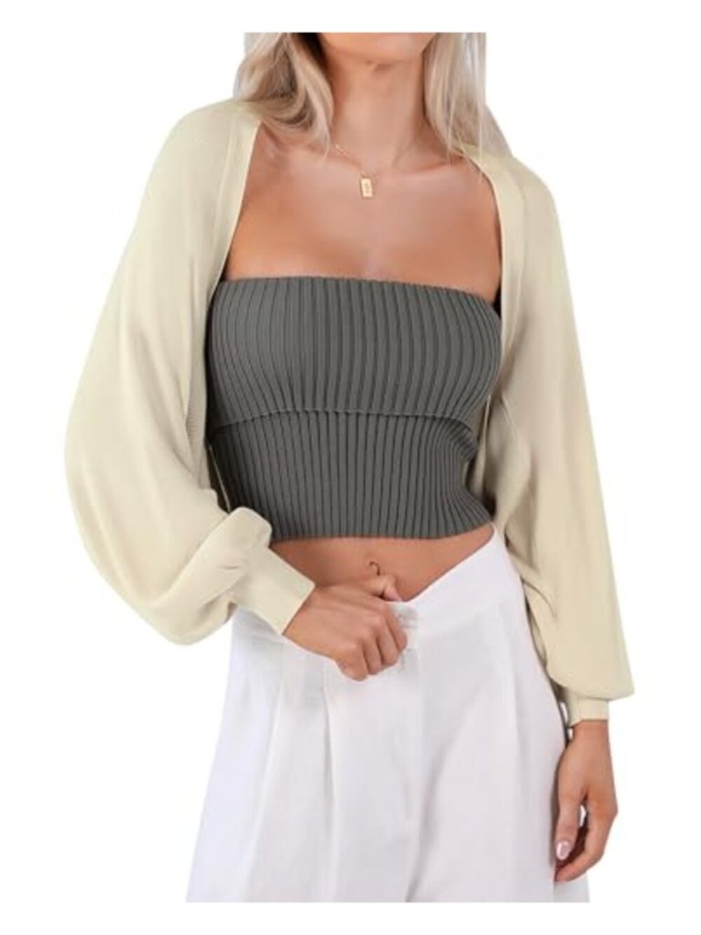 Women's Cropped Y2K Knit Cardigan, Long Batwing Sleeve, Ribbed, V-Neck